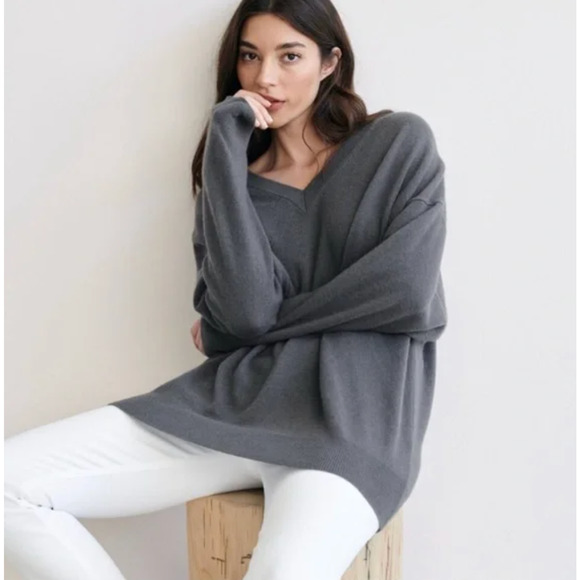 NWT! Jenni Kayne M Oversized Long VNeck 100% CASHMERE Boyfriend Sweater Gray XXS - Picture 2 of 10
